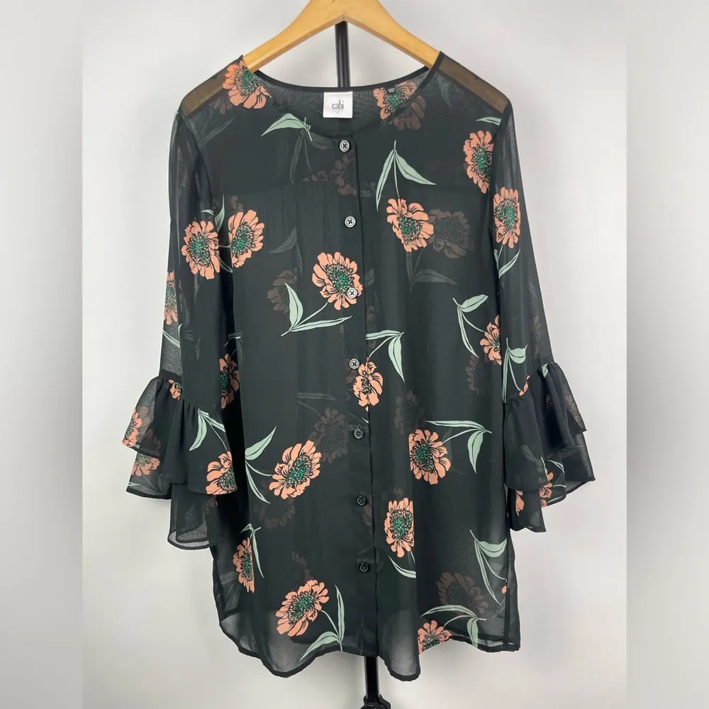 Cabi La Di Da Black Sheer Chiffon Flutter‎ Sleeve Button Up Blouse 5206 - Image 2