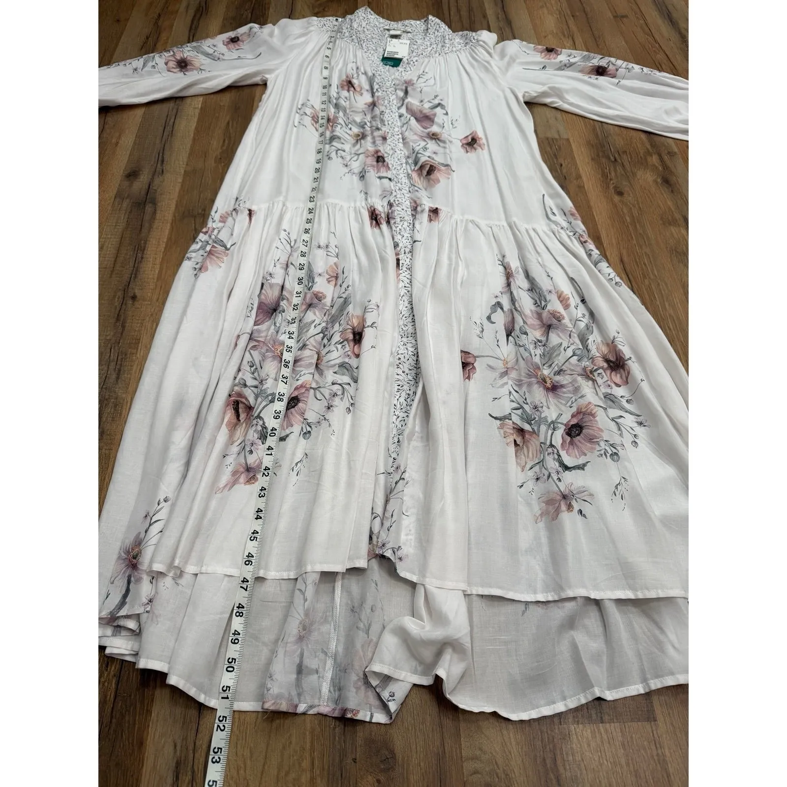 H&M Floral Boho‎ Midi Dress White Pink Long Sleeve Lyocell Viscose Size 4 NWT - Image 9