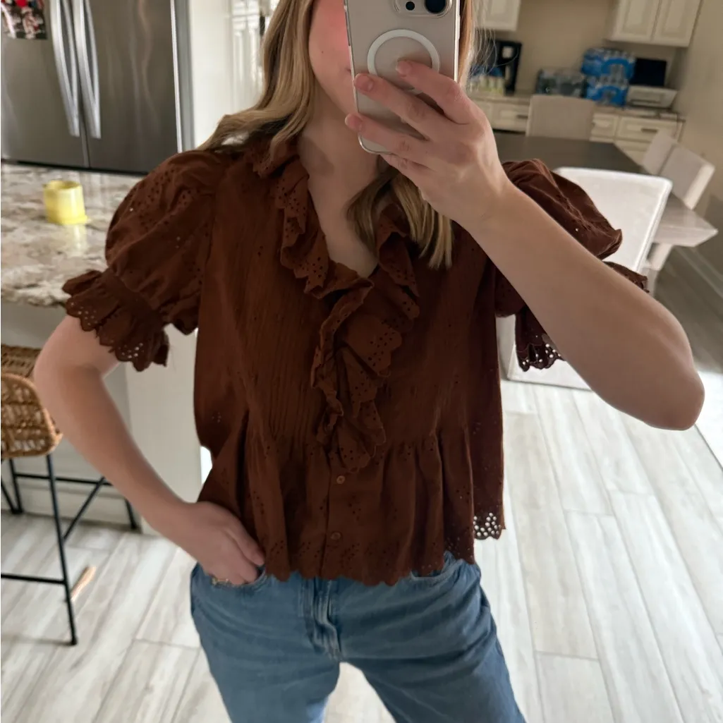 Ultra Pink Brown Eyelet Ruffle Puff Sleeve Cotton Blouse Large - Image 3