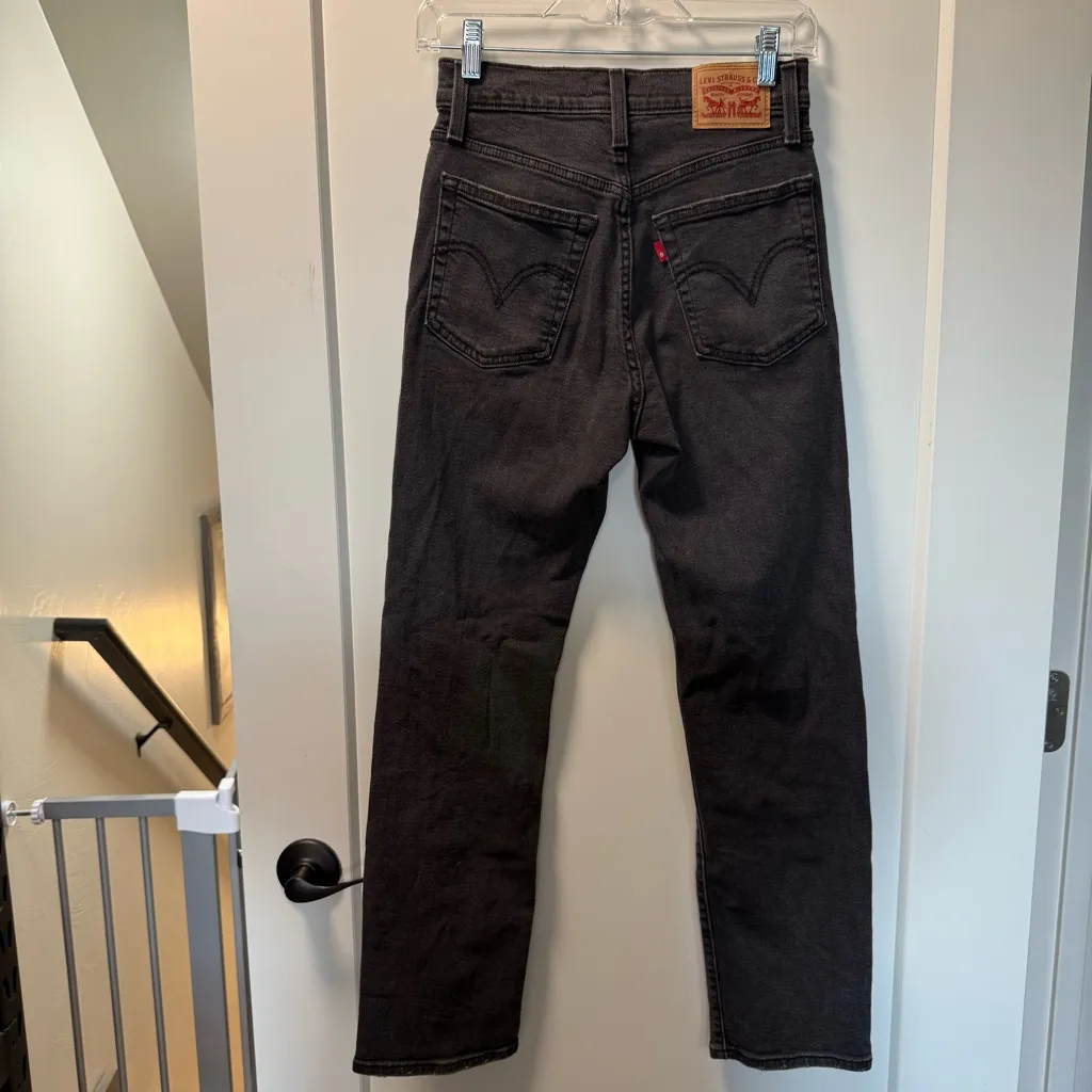 Levi's Wedgie Straight Jean Black High Waist Button Fly Distressed 26x28‎ - Image 7