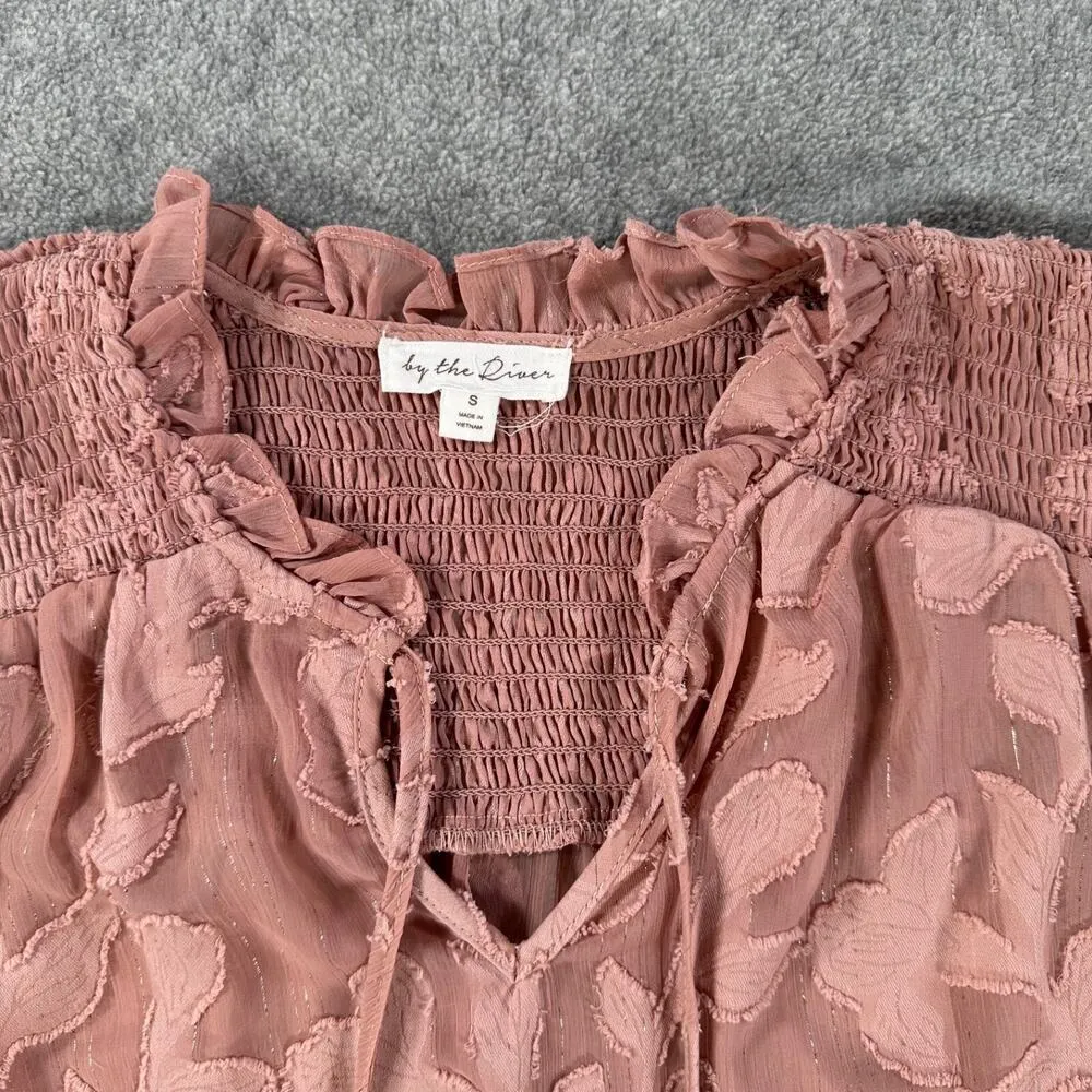 By the River Rose Pink Gold Metallic Ruffle Floral Blouse Sheer Size Small VNeck - Image 3