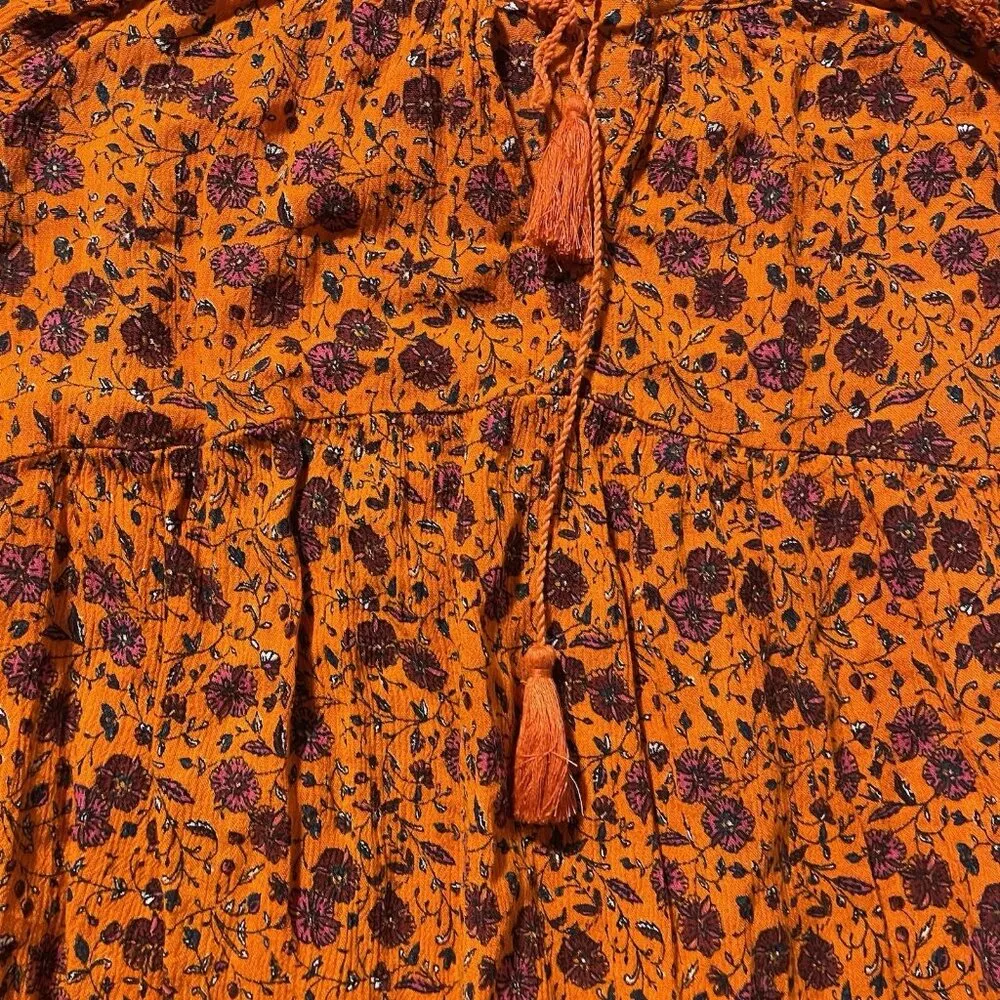Old Navy Blouse Womens Small Orange Floral Long Sleeve Tunic Peasant Tassel Rayo - Image 6