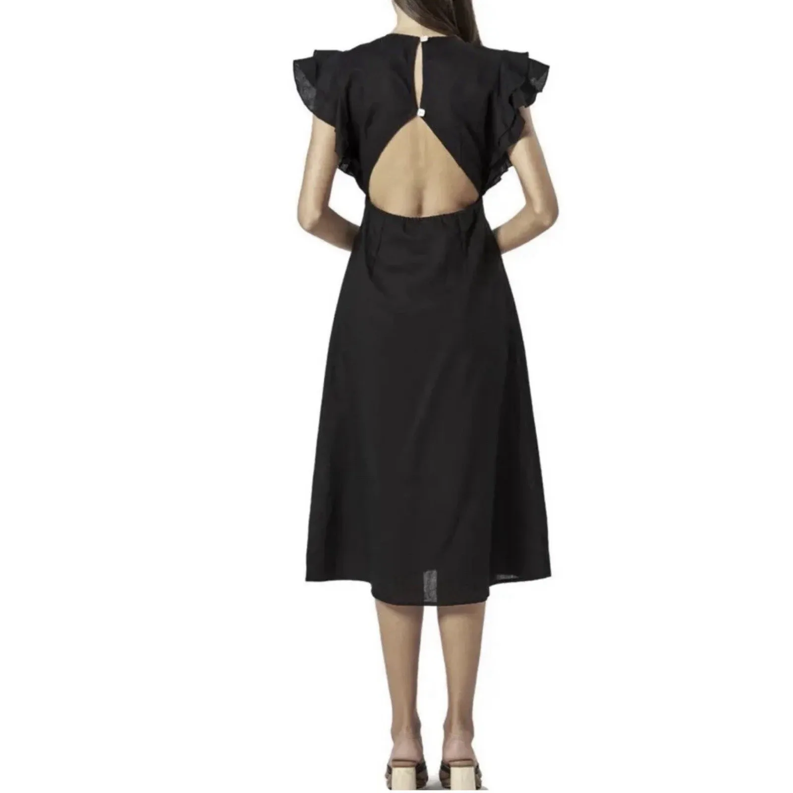 Charlie Holiday Cherry Linen Midi Dress Women Size 6 Cover Up Flutter Sleeve New - Image 3