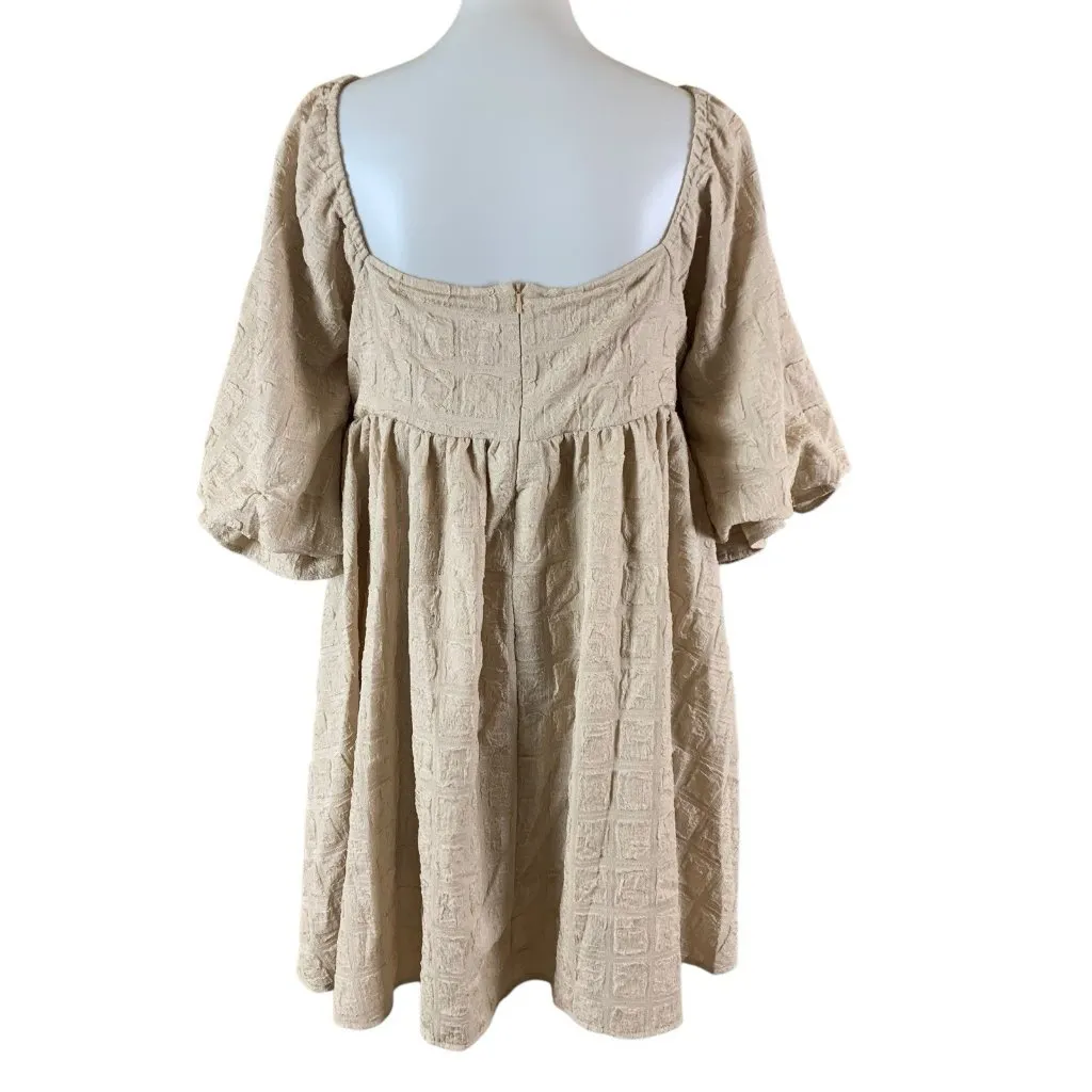 Sweet Lemon Beige Textured Puff Sleeve Square Neck Midi Dress Large - Image 3