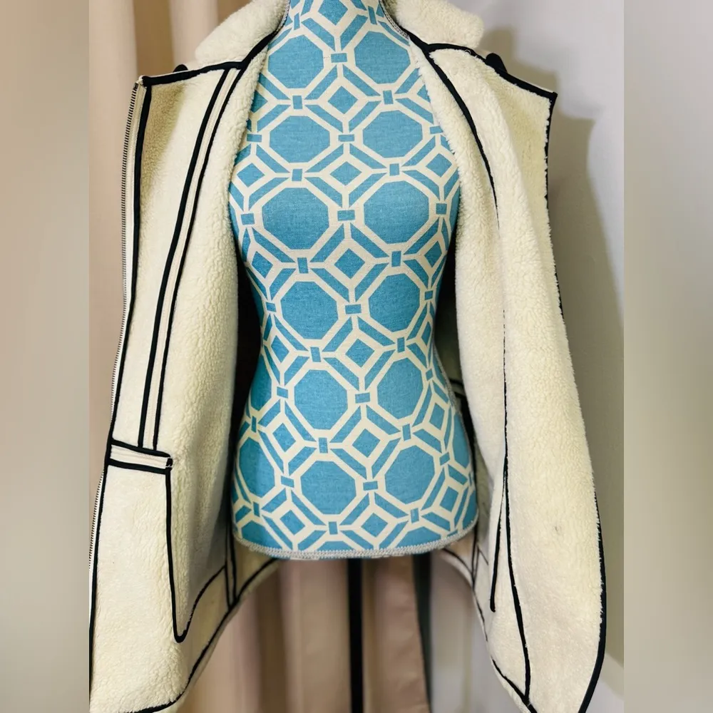 Tibi Moto Jacket Colorblock Career Zip Up Zipper Sleeve Cream/Black Sz 0 - Image 5