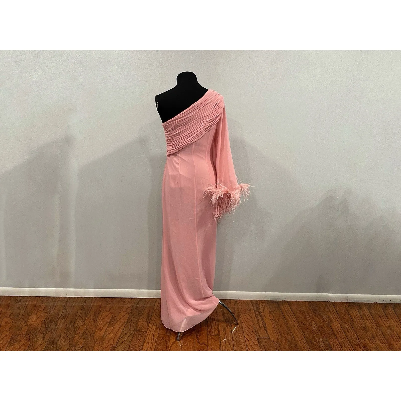 Mac Duggal 11442 Feather Cuff One Shoulder Ruched Gown Size 6 NWD Rose Pink - Image 5