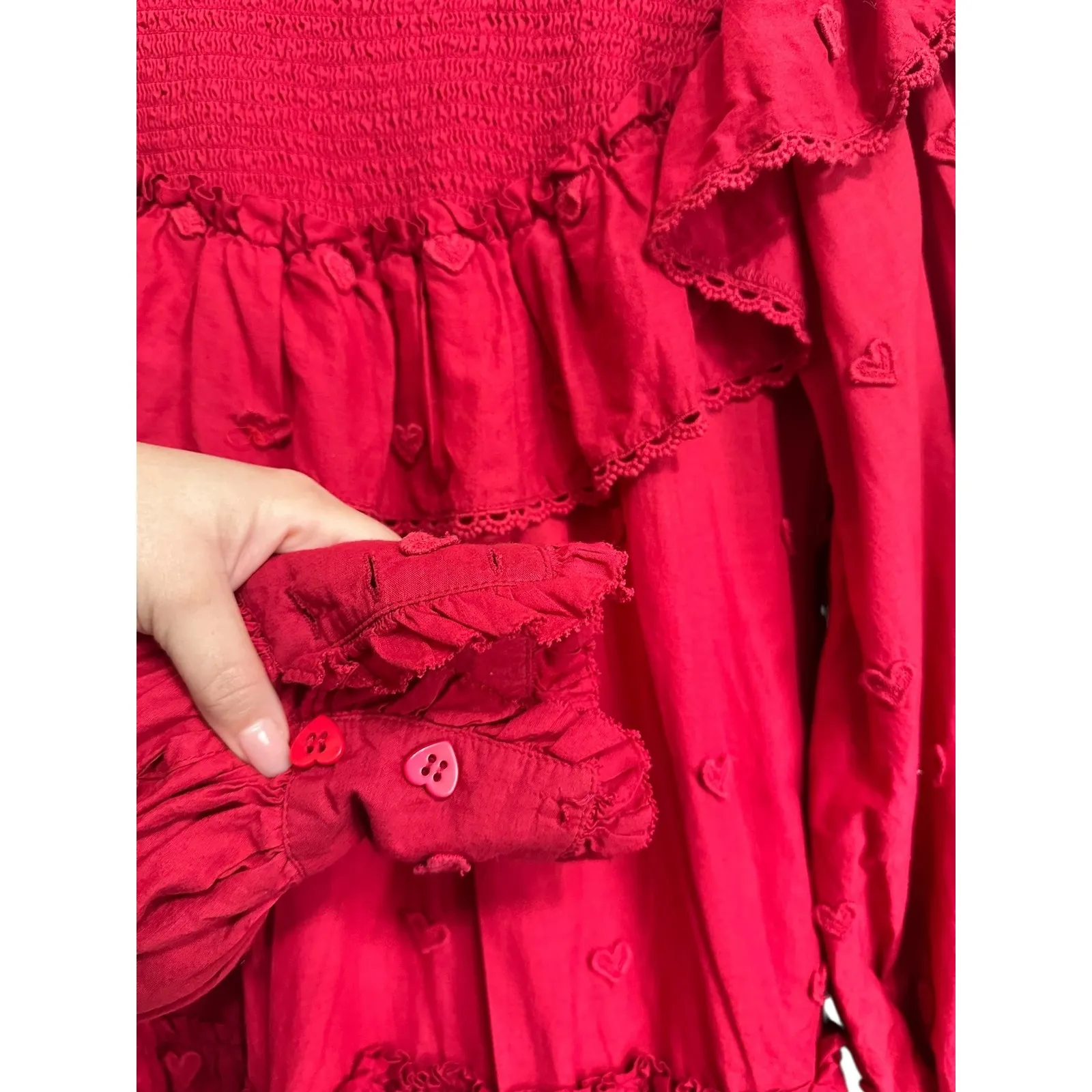 FARM Rio heart applique cotton blouse Smocked Ruffle Mock neck Size S - Image 5