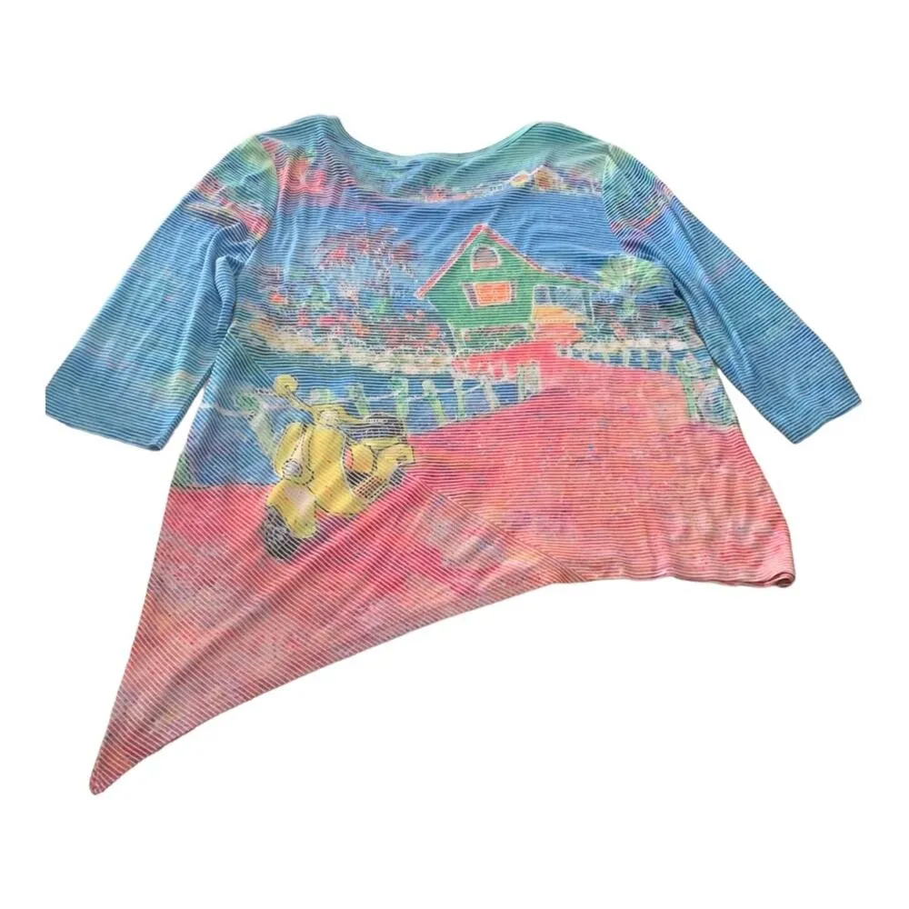 Leoma Lovegrove womens XL 3/4 sleeve shirt scene print beach stripe top cute Blue - Image 2