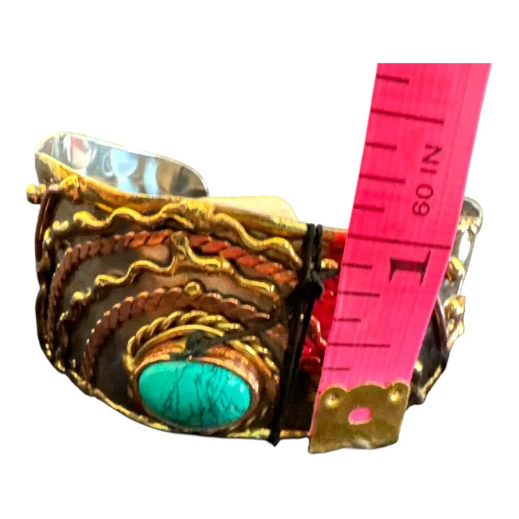 Mixed Metal Cuff Bracelet Adjustable Turquoise Stone Anju Janya Collection NEW - Image 3