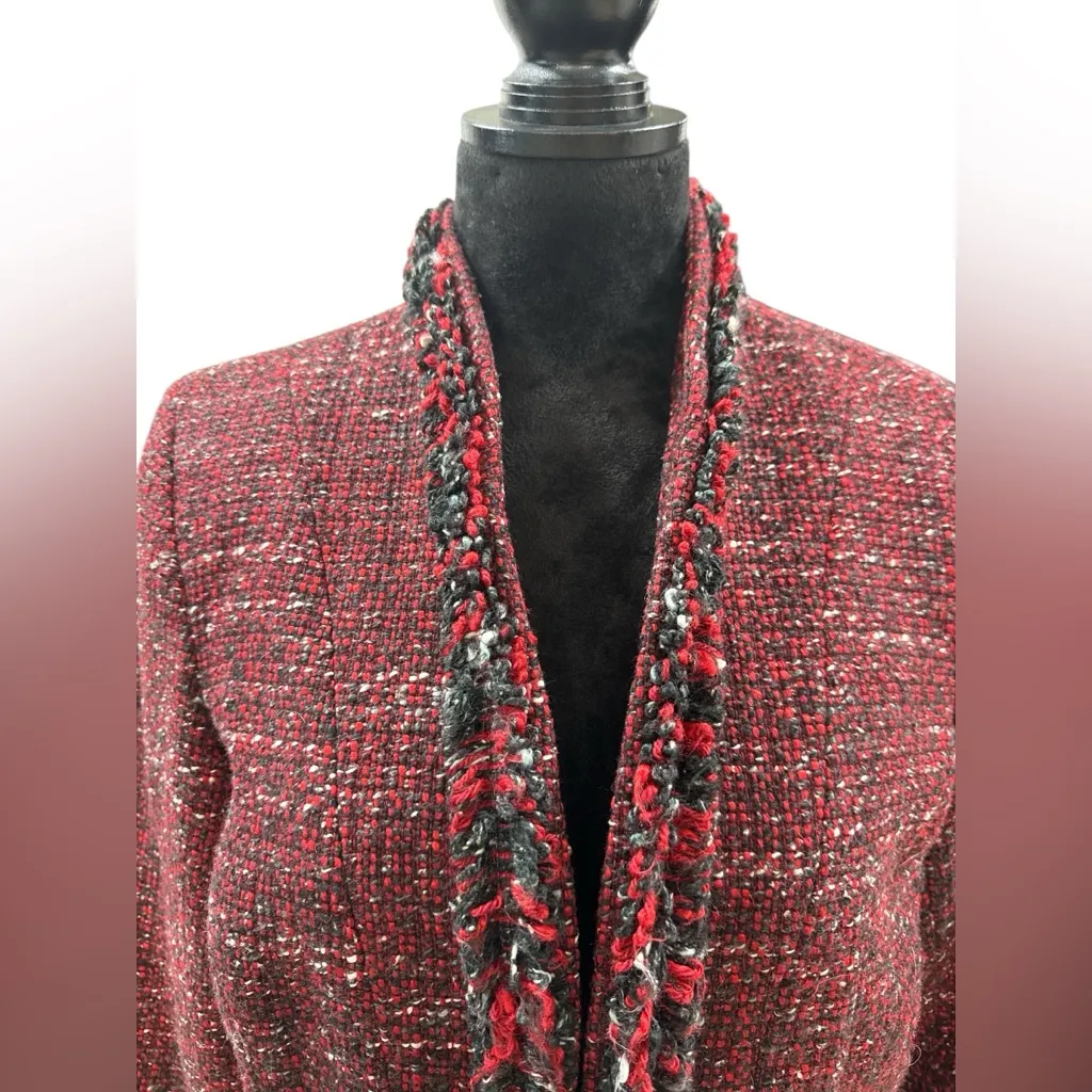 Alfani Red Wool Blend Tweed Fringe Jacket Blazer Sz 12 Dark Academia Corpcore - Image 2