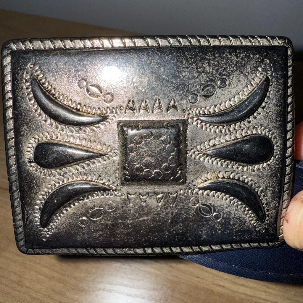 AM Made In Italy Silver Tone‎ Belt Buckle 3” Blue Leather Belt USA Size L 37” - Image 2