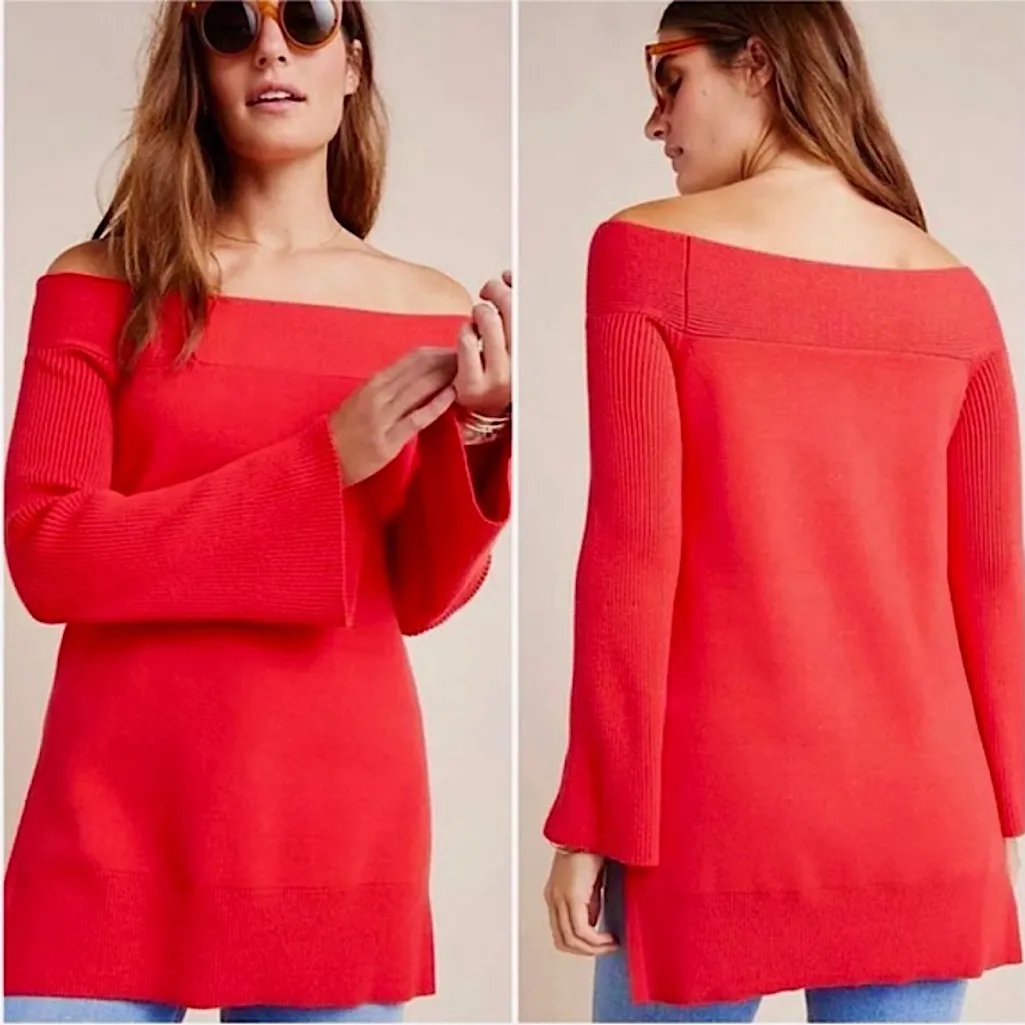 Anthropologie Elise Off The Shoulder Sweater Ribbed Red Large - Image 3