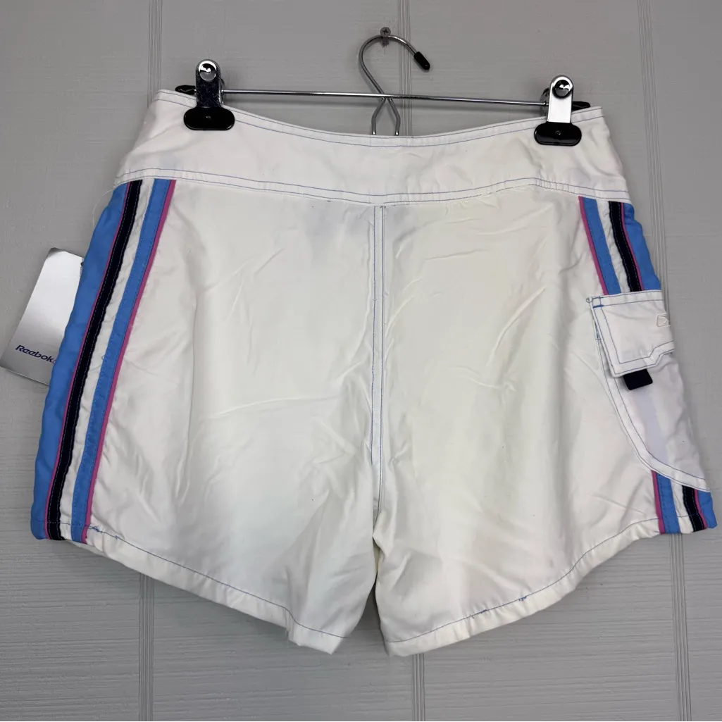 NWT Reebok Women’s White Swim Board Shorts Colorful Side Stripes Pocket 80s 90s - Image 5