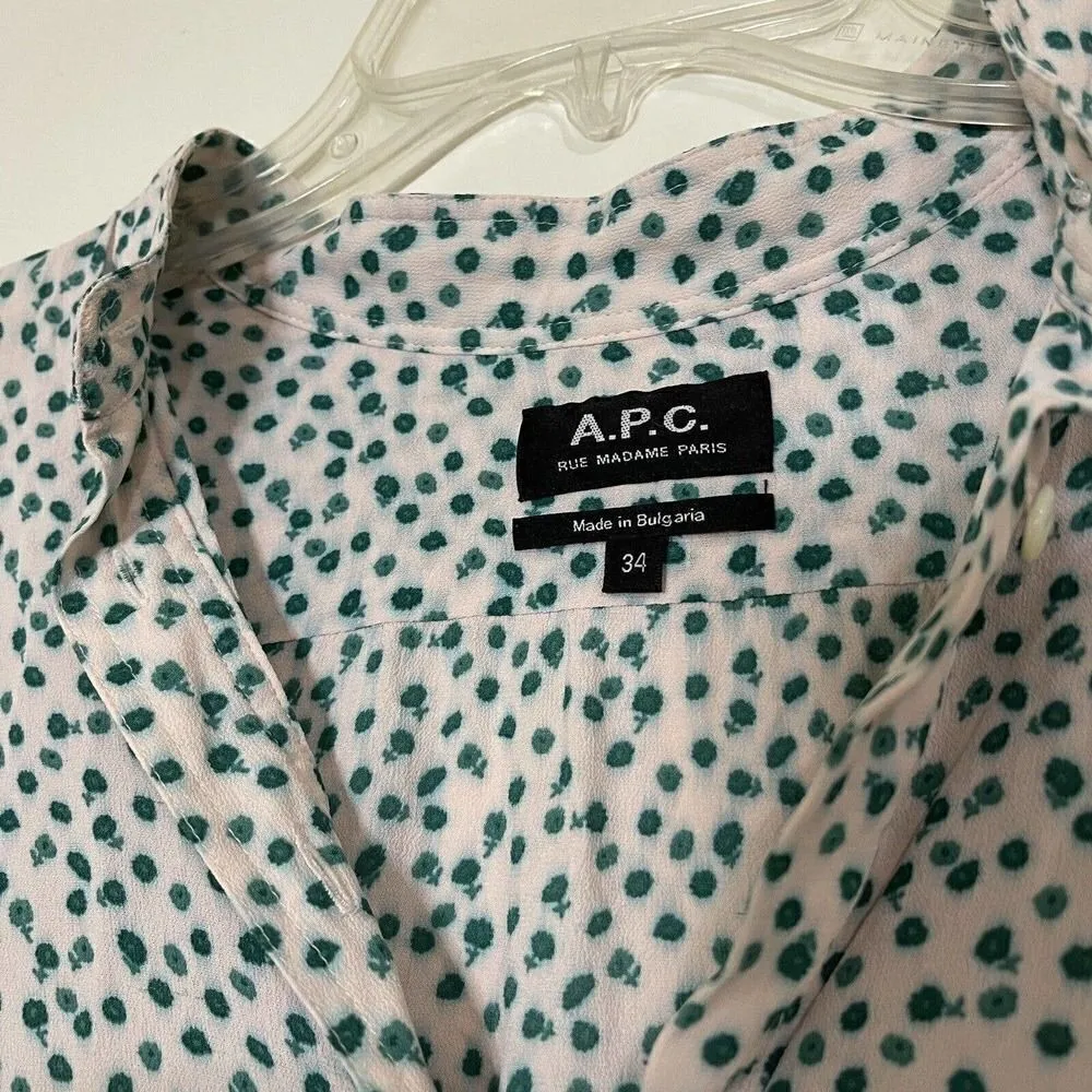 A.P.C. Paris Green dotted chiffon lightweight Blouse top size 34 US XS White - Image 2