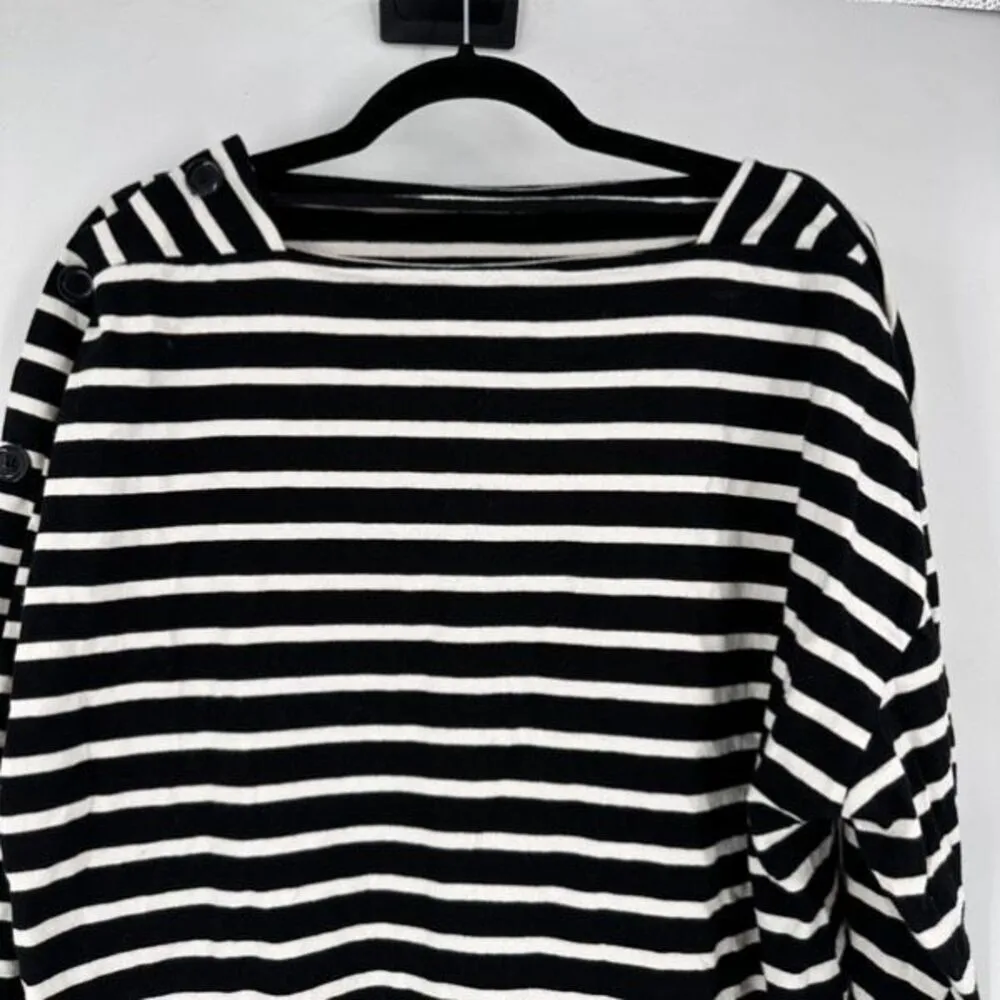 Zara Women's Striped Long Sleeve Boatneck Shirt Black White Top Button Neck Larg - Image 7