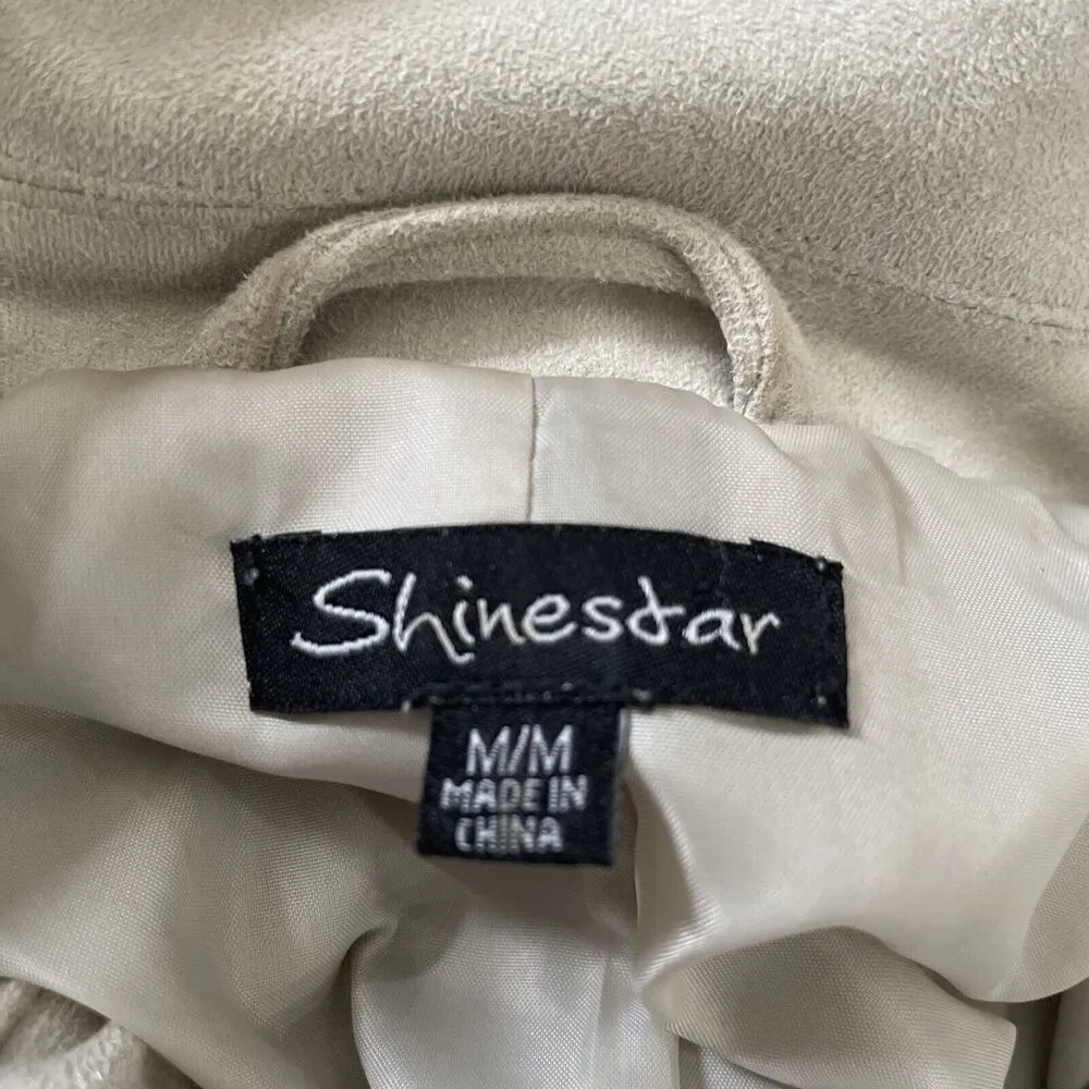 Shinestar Moto Biker Jacket Woman M Faux Suede Fitted Full Zip Long Sleeve Beige - Image 6