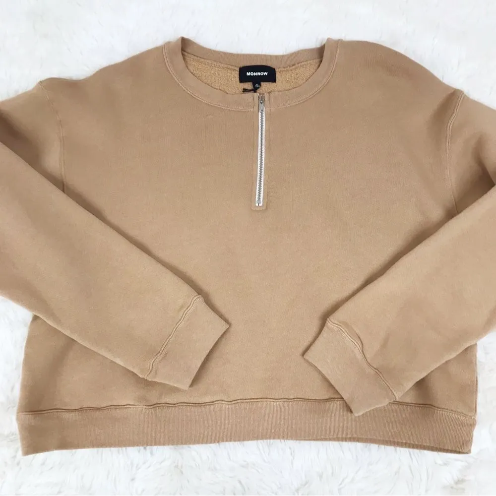 MONROW Tan CroppedâCrewneck Sweatshirt Pullover Half Zip Boxy Casual Size XL New - Image 5