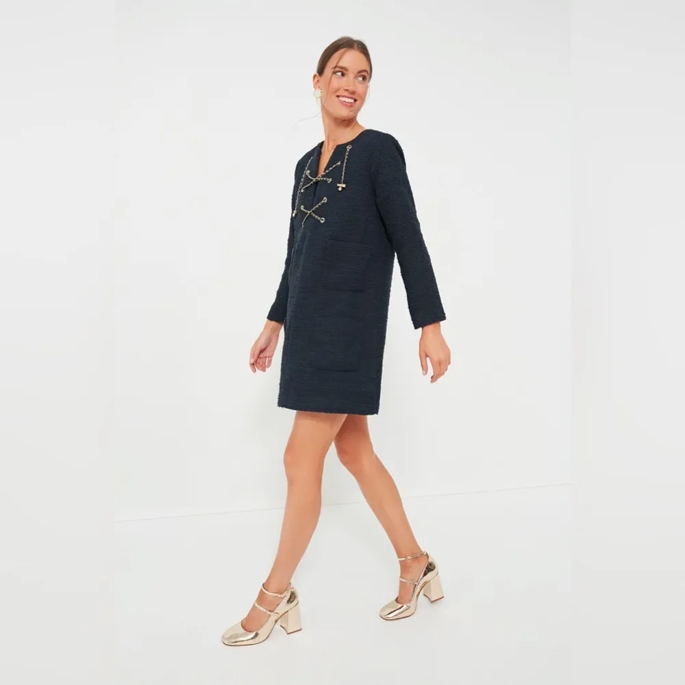 Tuckernuck Navy Tie Tweed Kelly Dress, Navy Blue Boxy Dress, Size Medium - Image 3