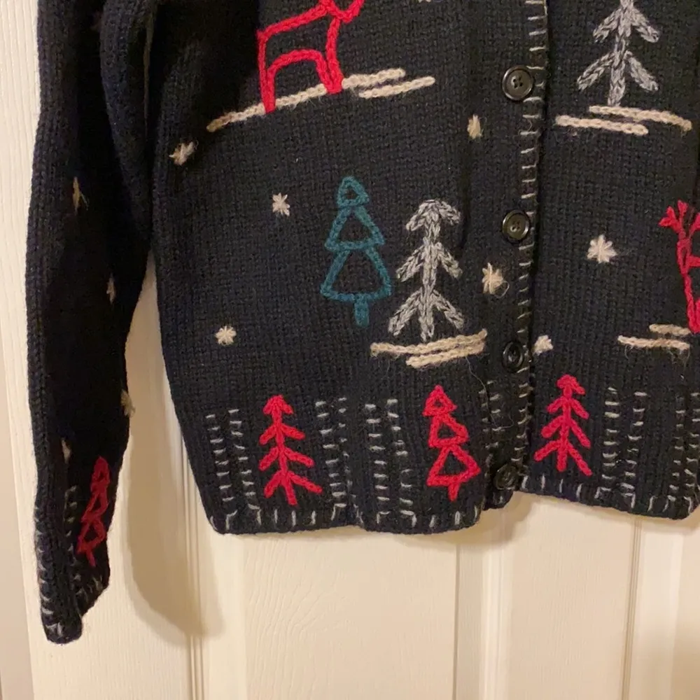 90s vintage Talbots wool holiday tree black cardigan sweater, size medium - Image 3
