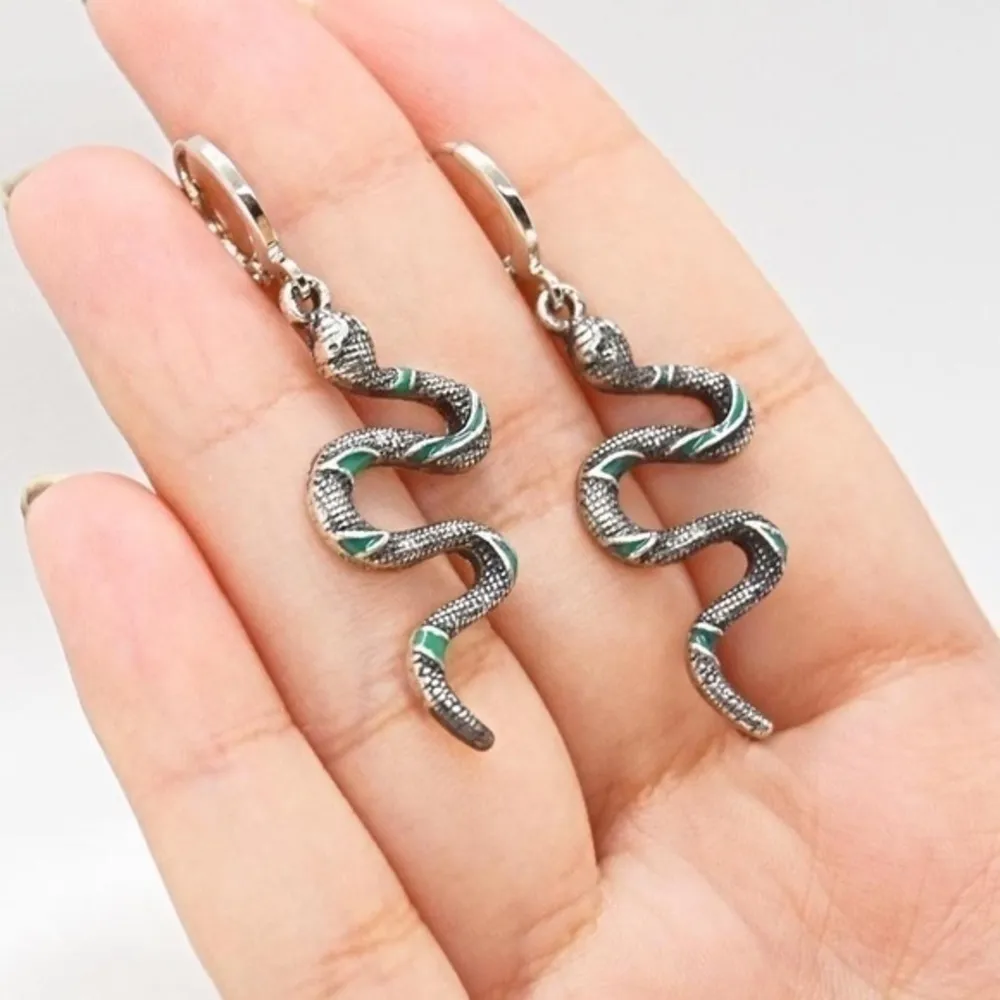 Green Silver Snake Earrings - Image 3