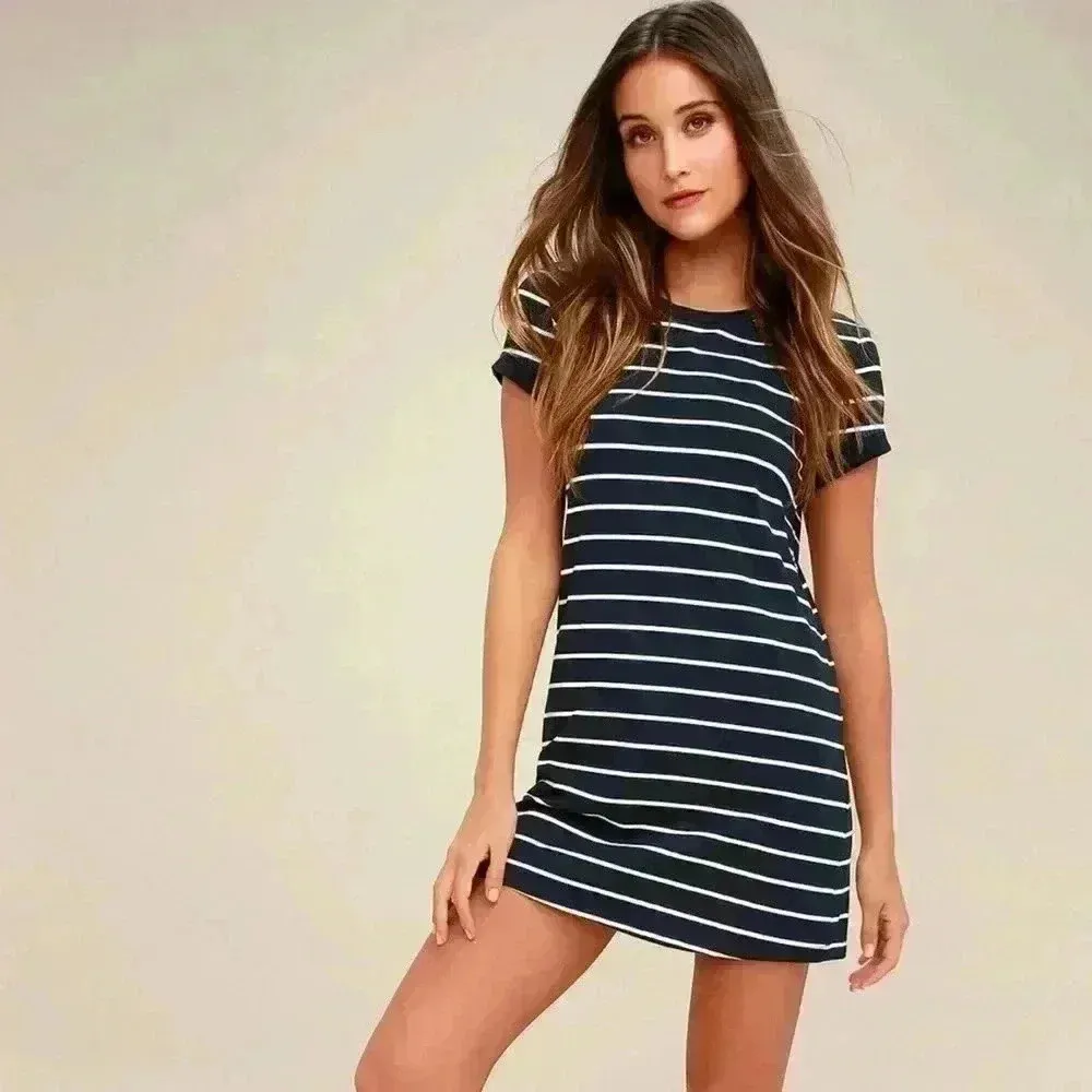 Lulus cafe Society Navy Blue Striped Shirt Dress fall comfy stretch knit - Image 5