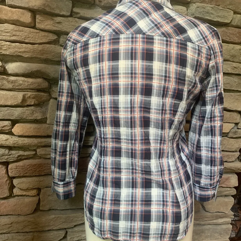 Zara Basics Women’s Ruffled Navy White Plaid Button Up collared neck 3/4 sleeves - Image 3