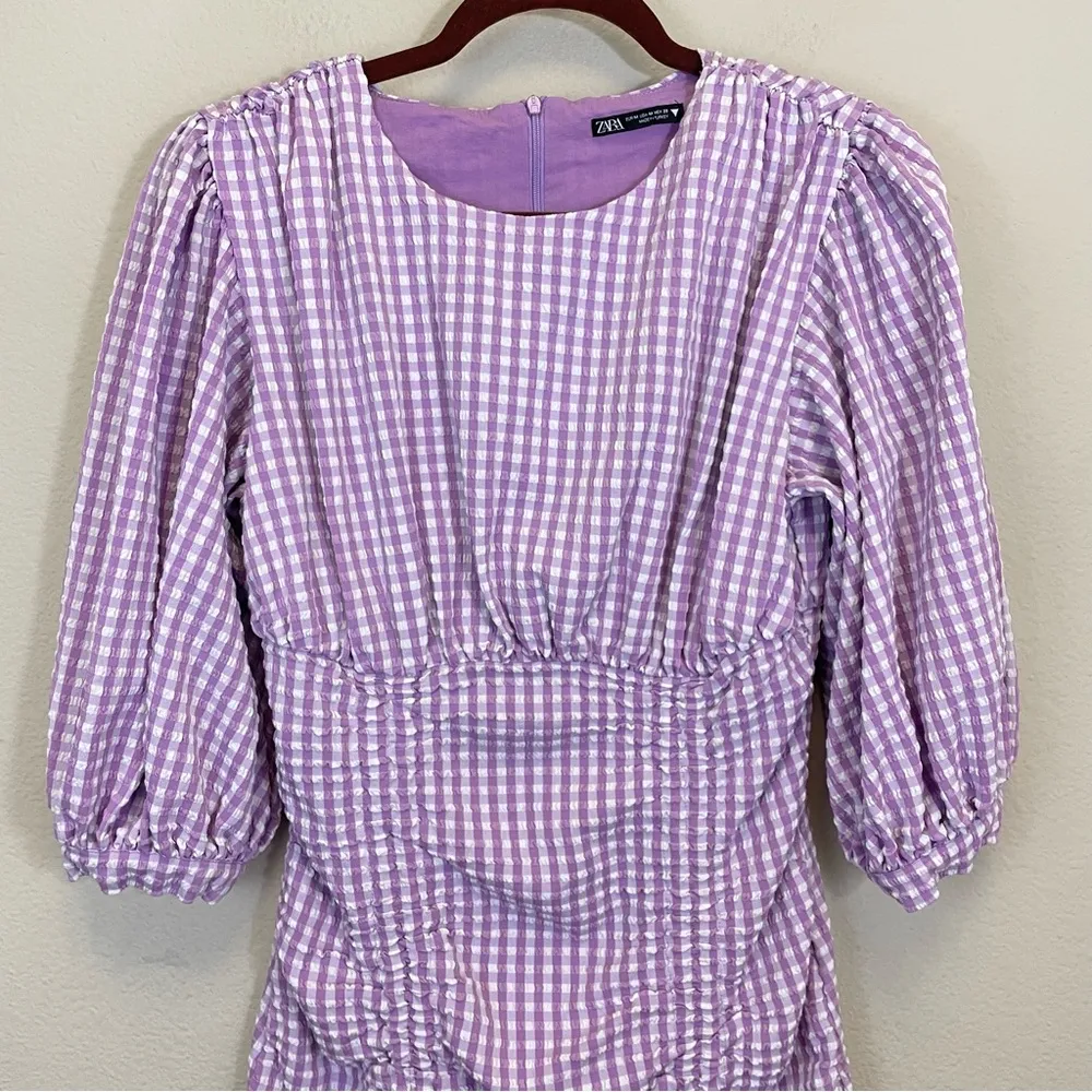 ZARA‎ Purple Gingham Puff Sleeve Rushed Mini Dress Size Small BLOGGERS FAV - Image 8