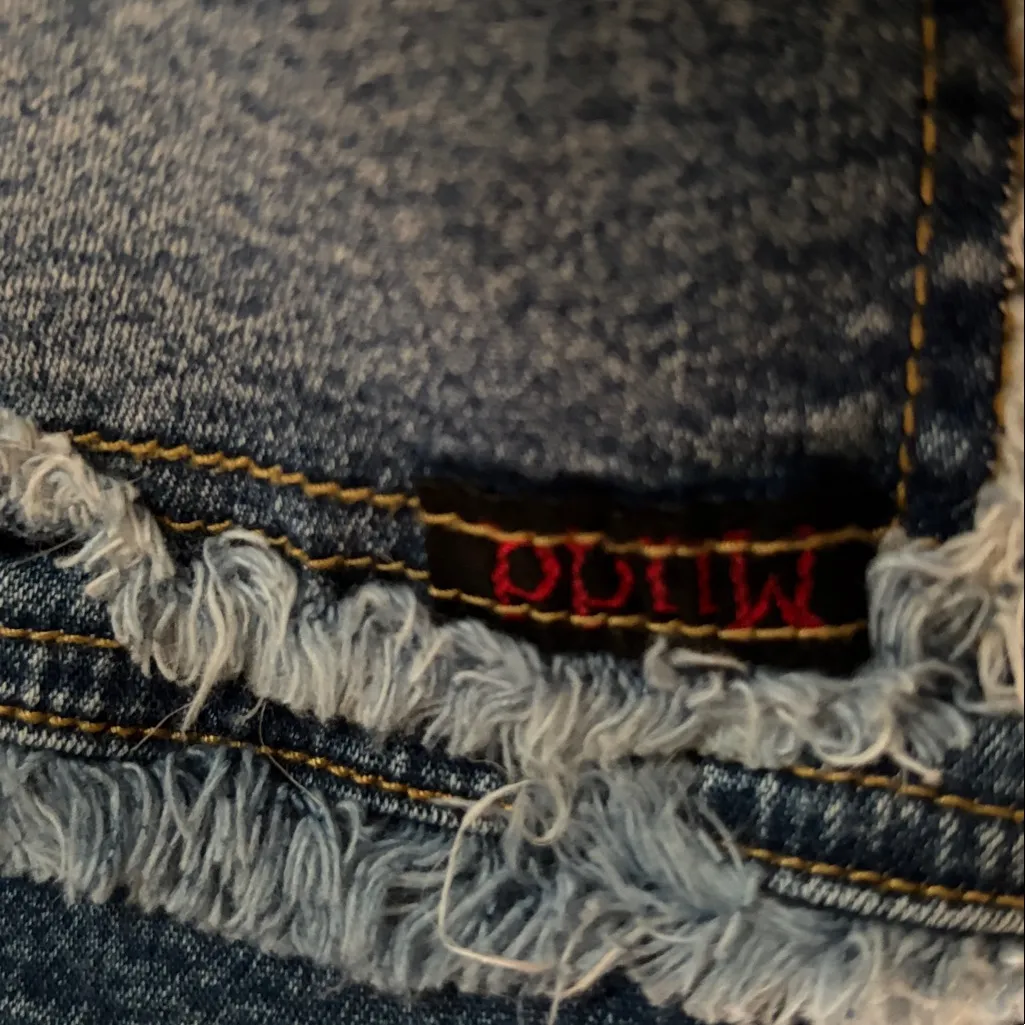 Vintage Y2K Mudd Jeans Sz 13JR Frayed Seam/Patchwork Lowrise Flare Hem Blue - Image 8