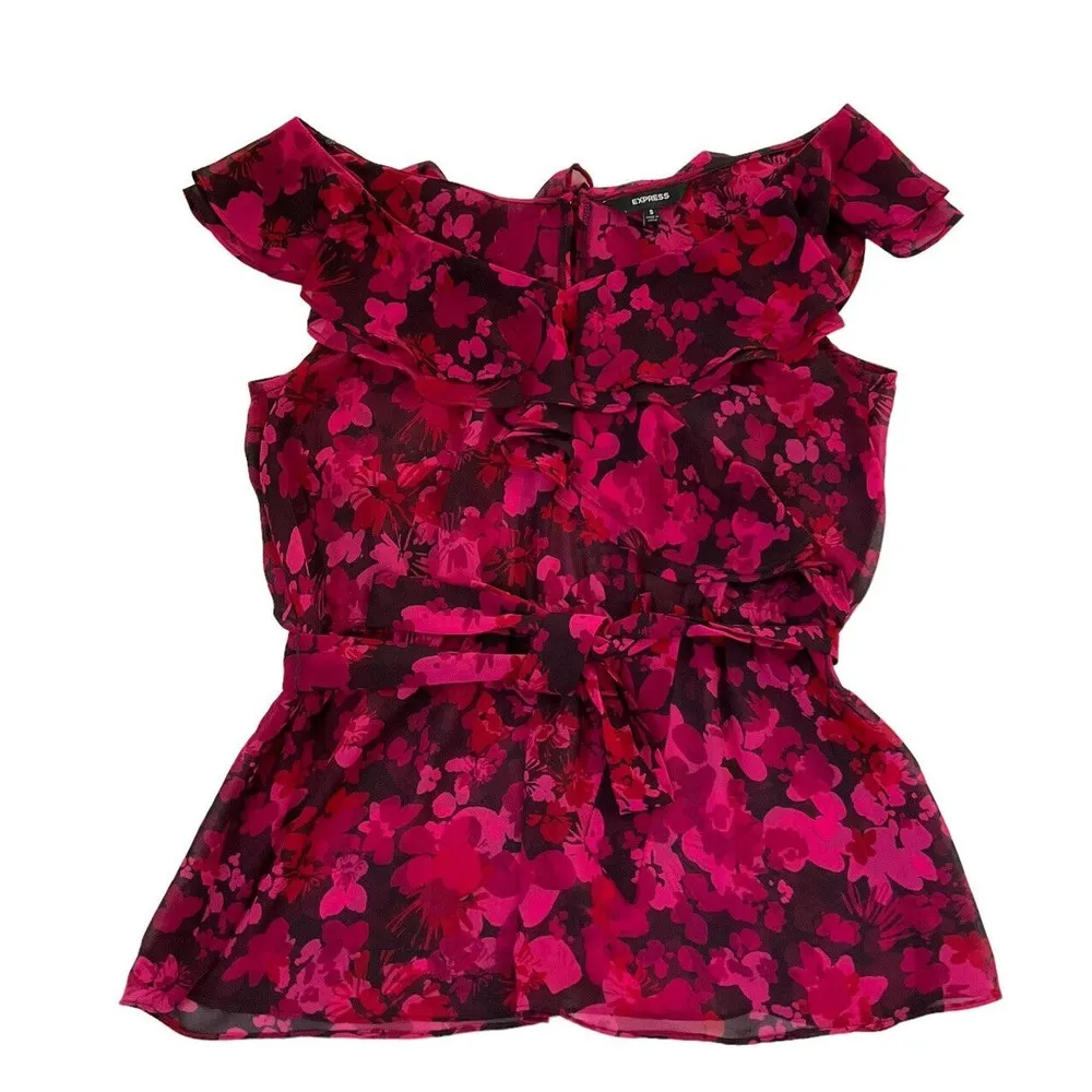 Express Women's Small Pink Black Floral Spring Blouse Ruffle w/ Belt Fabric #1 - Image 5