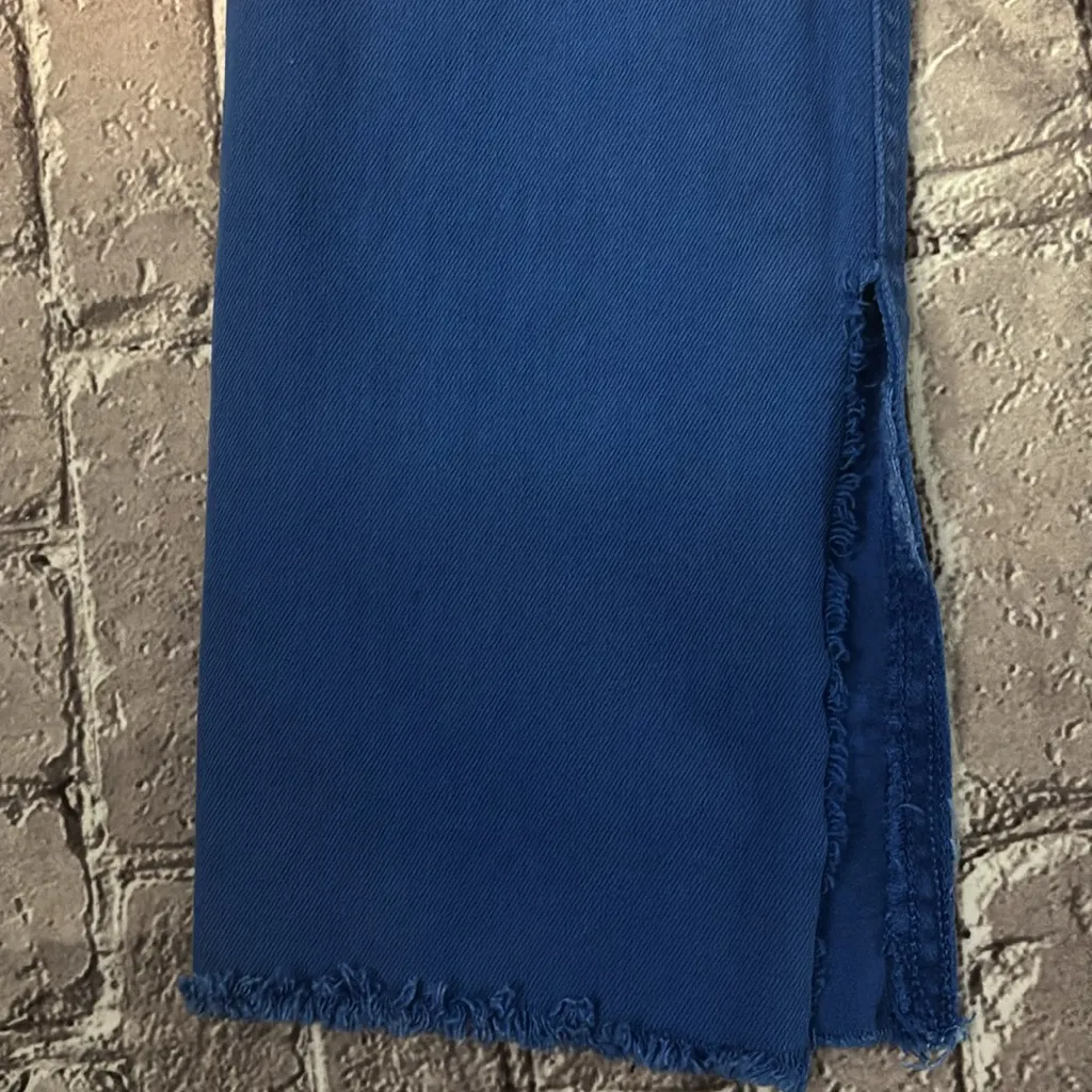 ZARA Straight Leg Jeans  2 High Rise Hem Slit Frayed Cobalt Blue Denim Casual - Image 9