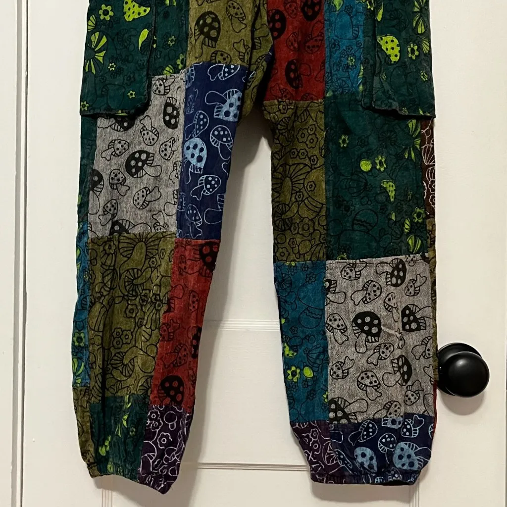 Pull on mushroom patchwork multicolor joggers size medium 100% cotton boho Blue - Image 7