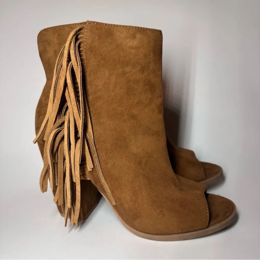 DV Dolce Vita Boots Womens 7.5 Fringe Booties Brown Leather Peep Toe Heeled Boho Tan - Image 3