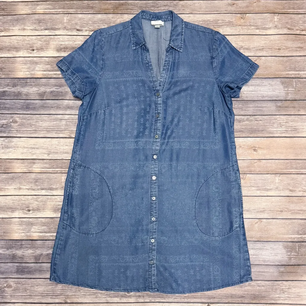 J Jill Blue Bandana Print Short Sleeve Collared V Neckline Button Up Shirt Dress Size M - Image 7