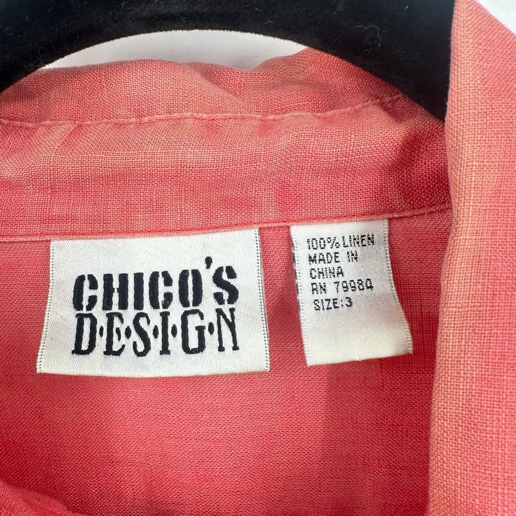 Vintage Chico’s 100% Linen Pink Bombay‎ Button Down Shirt Size XL Roll Tab - Image 3