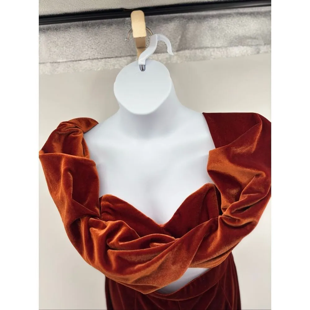 ASOS Rust Velvet Off The Shoulder Wide Leg Jumpsuit Cutout Middle Womens Size 10 - Image 5