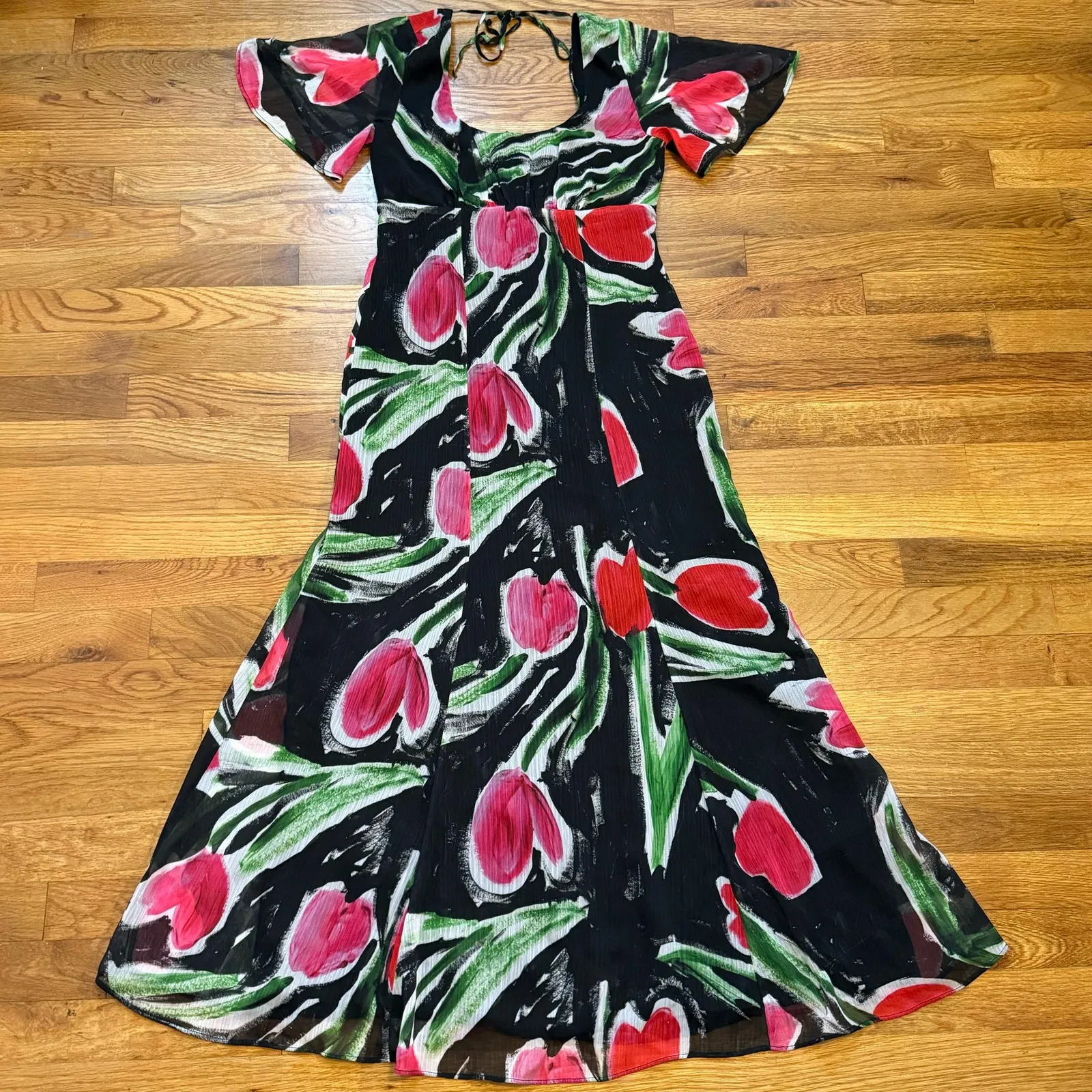 TopShop Women’s 2 Flower Flutter Sleeve Dress Black Red Tulip Floral Midi Dress - Image 3