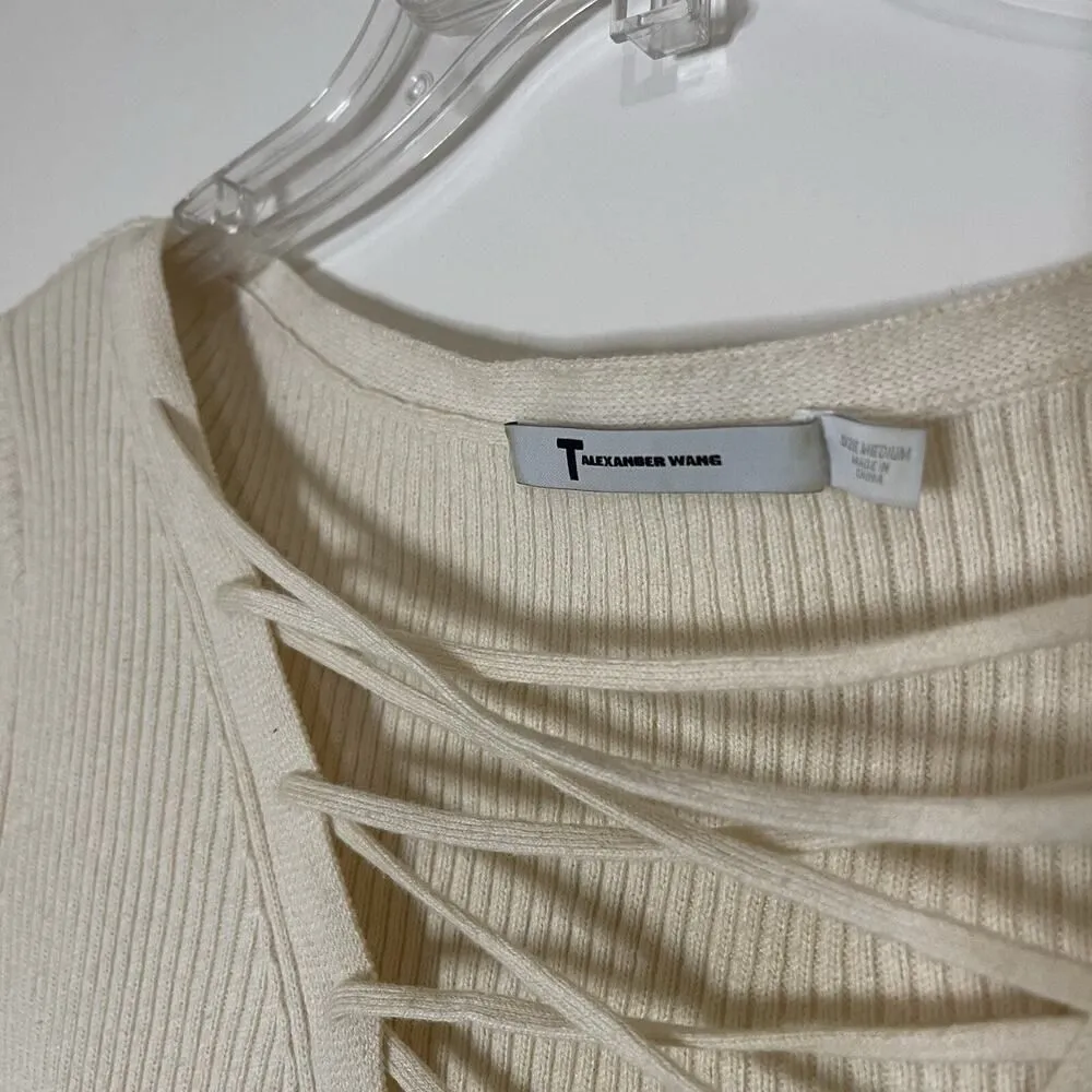 T Alexander Wang Ivory Yellow ribbed cropped lace up knit tshirt size medium - Image 3