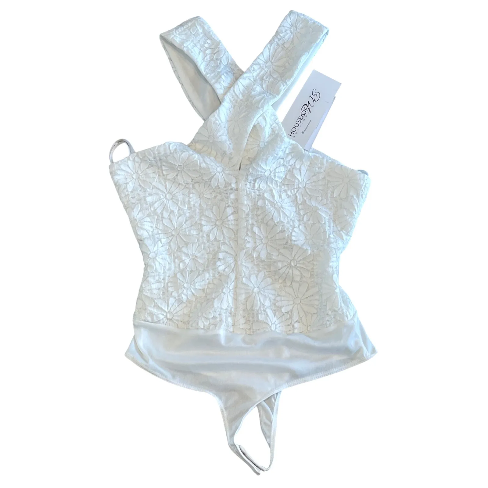 SAGE THE LABEL White Lace Cross Front Halter Thong Bodysuit‎ XS - Image 3