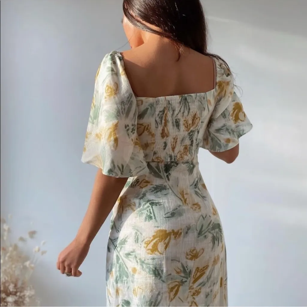 Zara Linen Flutter Sleeve Cutout Floral Midi Dress Yellow Floral Lace up Small - Image 6