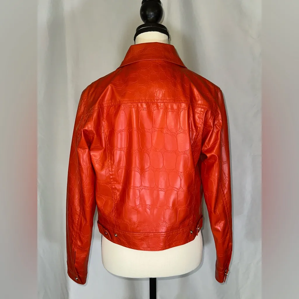 l.e.i. • Vintage Y2K Deadstock Croc Pleather Bright Orange Vegan Jacket Size S Red - Image 4