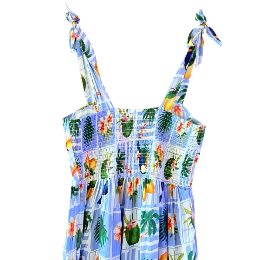 TRUE DESTINATIONS Tropical Toucan Print Tie Strap Midi Sundress Vacation Size L Blue Size L - Image 6