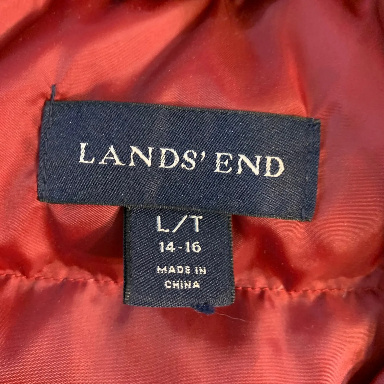 Lands End Womens Red Puffer Vest Quilted Snap Front Stand Collar L T Down Fill - Image 4