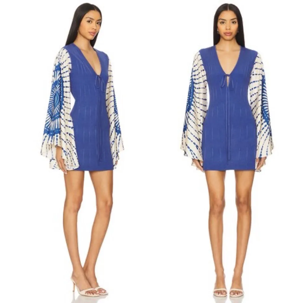 ALEXIS Lai Dress Ribbed Knit Tie-Front Bell Sleeve Mini Size Medium Blue NWT - Image 13