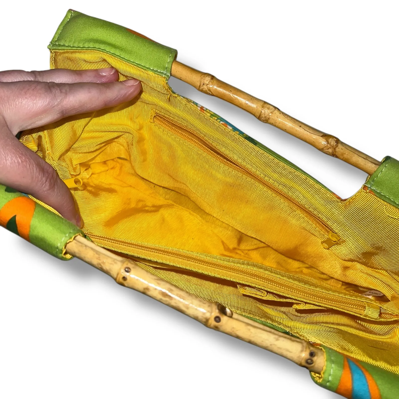 Vintage Y2K Braciano Purse Bag Tropical Floral Beaded Bamboo Handles Green Pink - Image 7