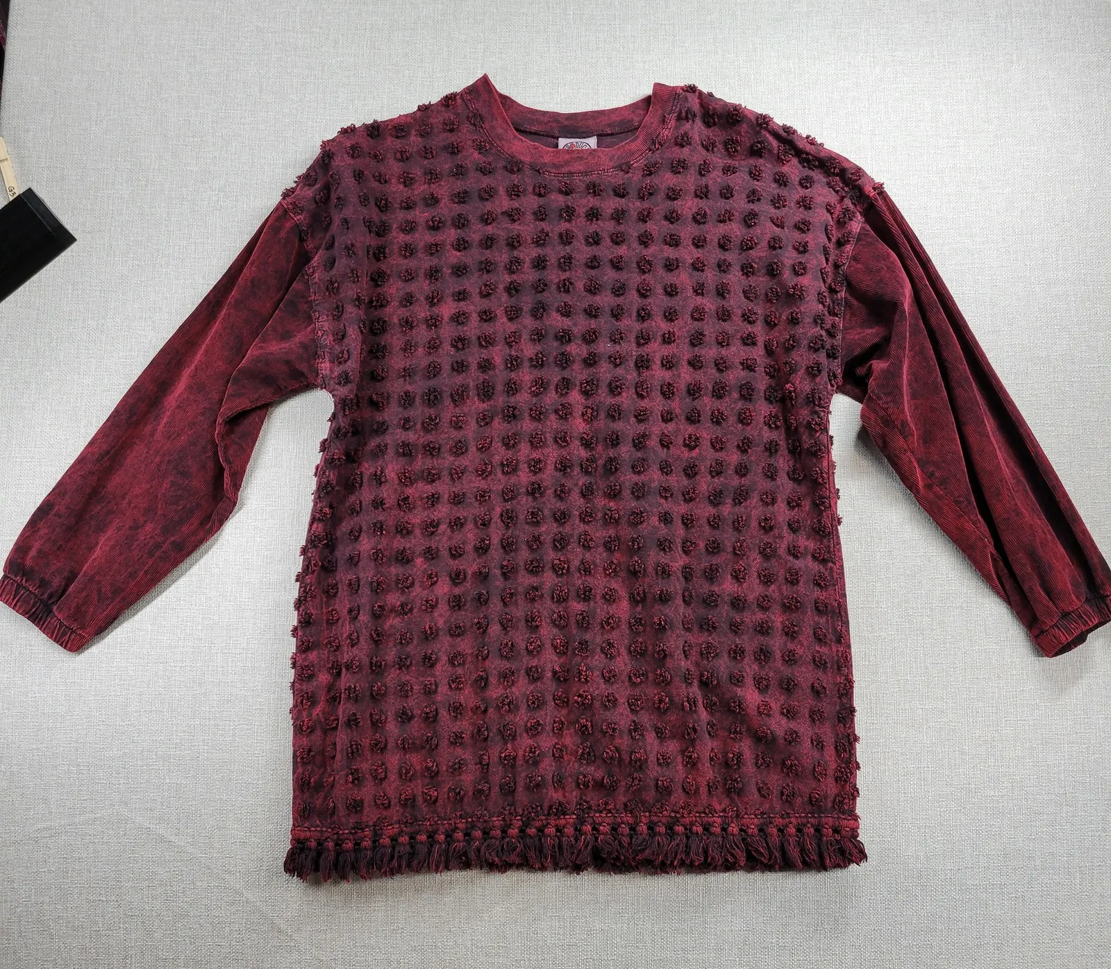 Produce Company Womens Sweater Size M Wine Swiss Dots Crewneck Fringe Pullover Red - Image 1