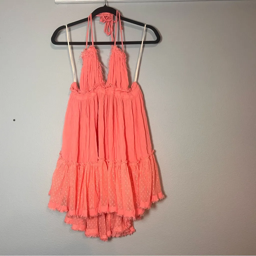 Free People 100 Degree Tunic Mini Dress Pink Coral Halter Size XS Open Back Boho - Image 2
