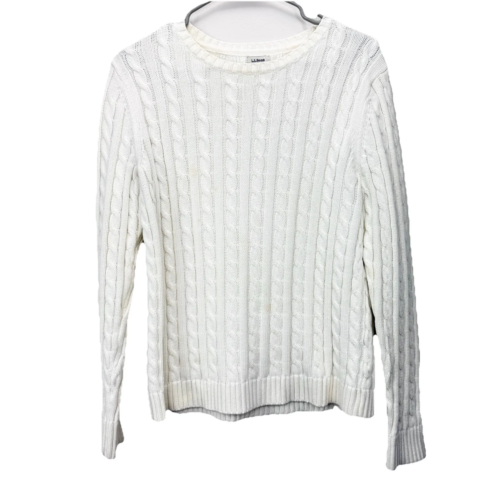 LL Bean Ivory Pullover Cable Crew Neck Long Sleeve Cotton Sweater Size MEDIUM - Image 4