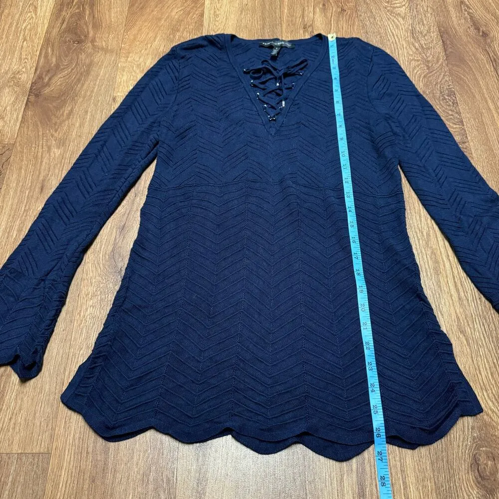 White House Black Market Navy Blue Scallop Hem Long Sleeve Top Lace Up Small - Image 12