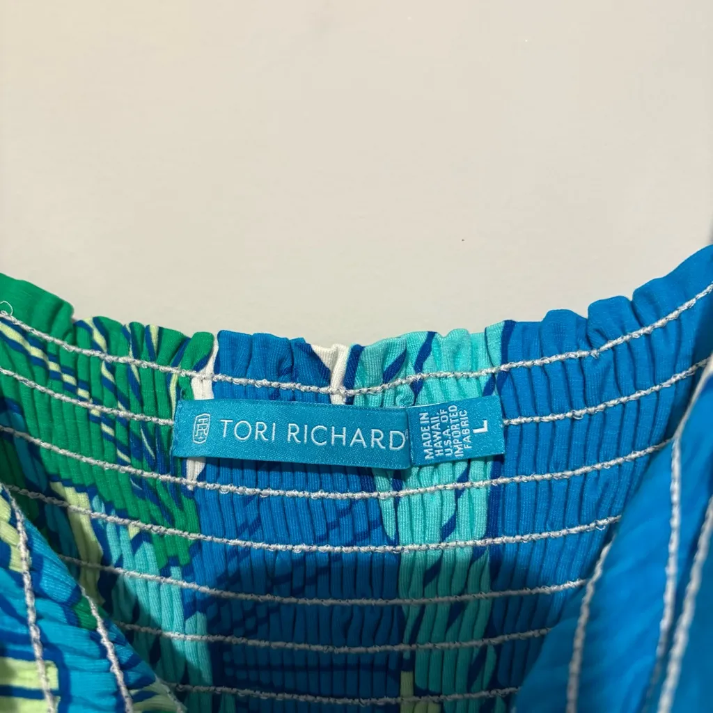 Tori Richard Honolulu tiered‎ smocked Tropical maxi dress Blue and Green large - Image 3