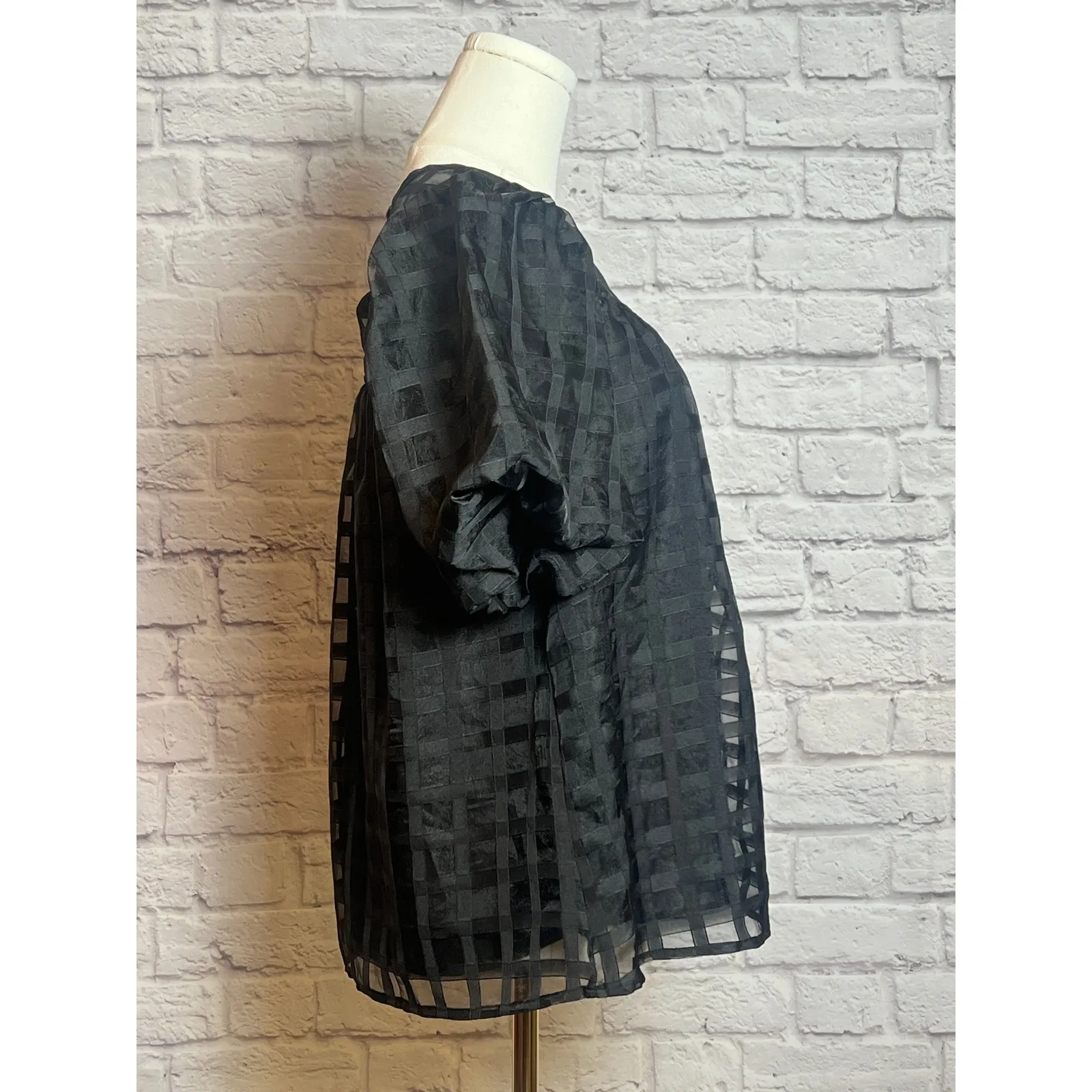 Entro Women's Small Black Sheer Lattice Puff Sleeve Top Minimal Chic, Date Night - Image 2